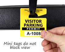 Mini parking hang tags tuck behind the mirror and do not block the driver’s view