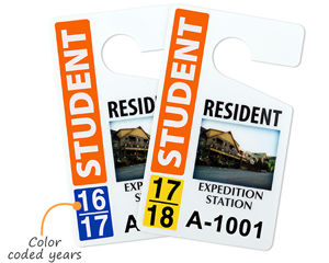 Parking hang tags with color-coded years