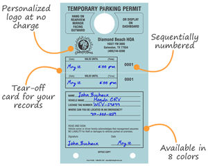 Personalized Temporary Parking Hang Tags - with Tear-Off Stub