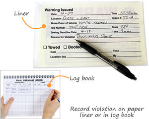 Record parking violations on paper liner or handy log book