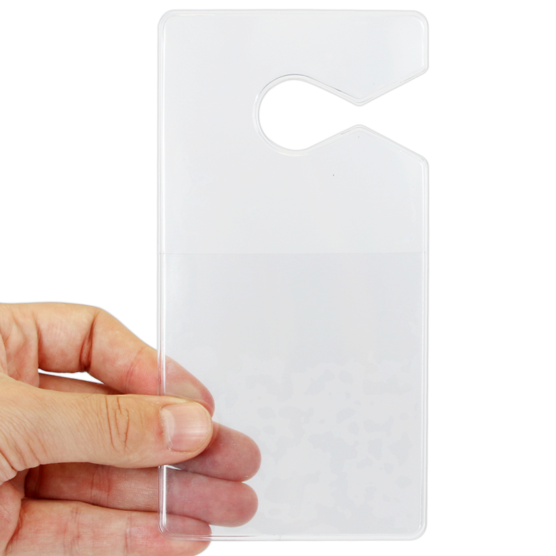 The Vertical Vinyl Hang Tag Holder is perfect for holding an ID card or  parking permit insert. Hang from the rear view mirror to make your permit