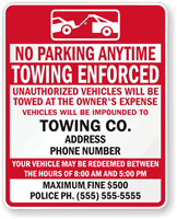 No Parking Anytime Tow Away Sign