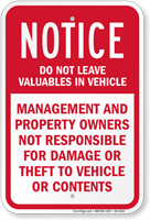 Management Not Responsible For Damage Notice Sign
